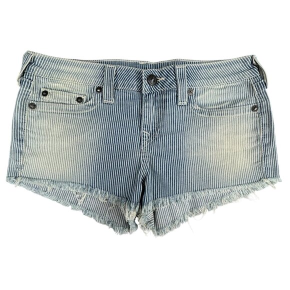 True Religion Pants - True Religion Womens Striped Denim Cutoff Shorts Sz 32 Blue/White Distressed Hem